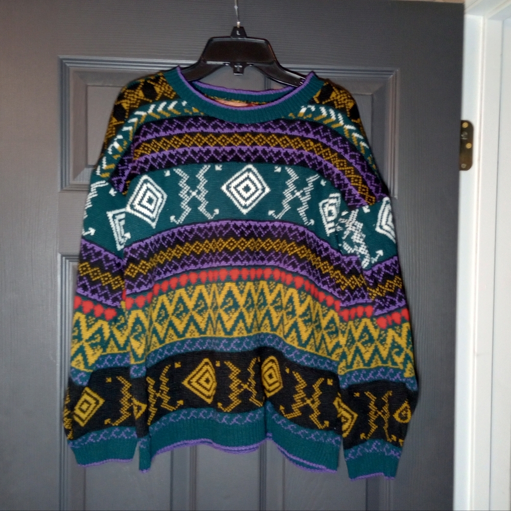 Iconic Early 90s Heavy Stitch Chunky Knit Geometric Sweater Vibrant Color Block